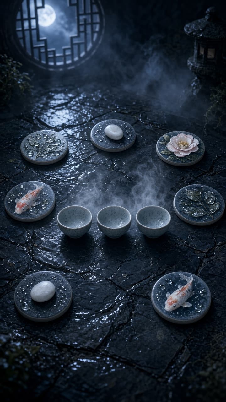 Moonlit slate tiles with a tea-bowl match fading into mist