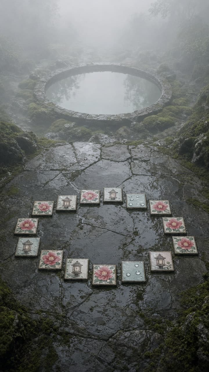 A nearly cleared wet-stone slab with a loose arc of remaining tiles